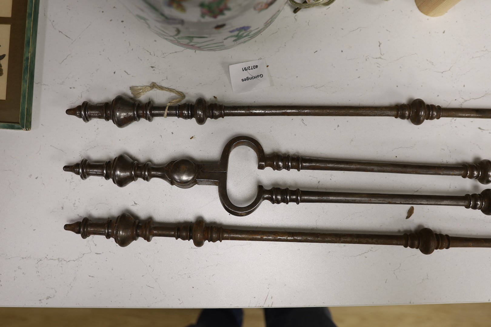 A set of three late Georgian steel fire irons, 79cm